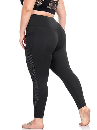 MEJING Plus Size Leggings for Women with Pockets Stretchy, L-5XL Tummy Control High Waist Workout Black Mesh Yoga Pants thumbnail 4
