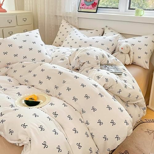 Covebett Black Bow Duvet Cover Single Bows Bowknot Print Kawaii Bedding Set Kids Girls Cute Black White Bow Tie Microfiber Comforter Cover 135x200 cm with Zipper Closure and 1 Pillowcase 50x75 cm thumbnail 3