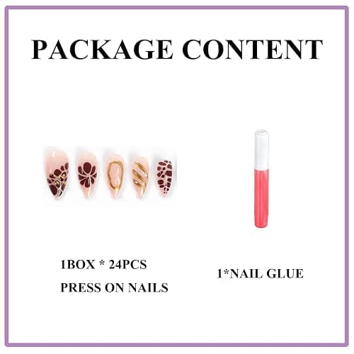 MERVF Almond Press on Nails Medium Fake Nails Brown French Tip Glue ons Fall Flower Acrylic Nail Gold Stiletto False with 3D Design Glossy 24pcs thumbnail 5
