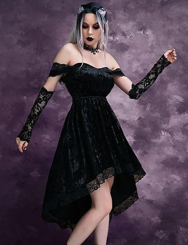 LANSHULAN Gothic Clothes Dress,Lace Mini Sleeveless Lace Draped Bodycon Goth Vintage Dresses Without Gloves - Small - Black thumbnail 2