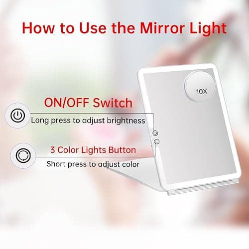 FUNTOUCH Rechargeable Large Travel Makeup Mirror with Lights, 2500mAh 10x7.5 Portable Lighted Makeup Mirror with 3 Color Lights, Dimming Folding Light Up Travel Mirrors with 10X Magnifying Mirror thumbnail 5