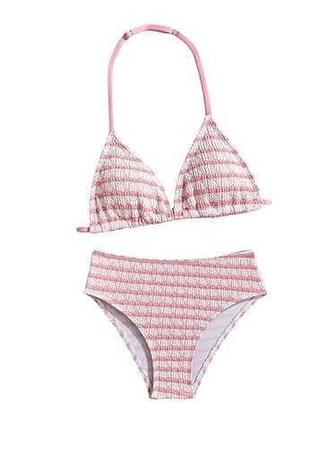 RoseSeek Girl's Tie Dye Smocked 2 Piece Swimwear Sets Backless Halter Bikini Cute Brief Bathing Suit - 10 Years - Striped Pink
