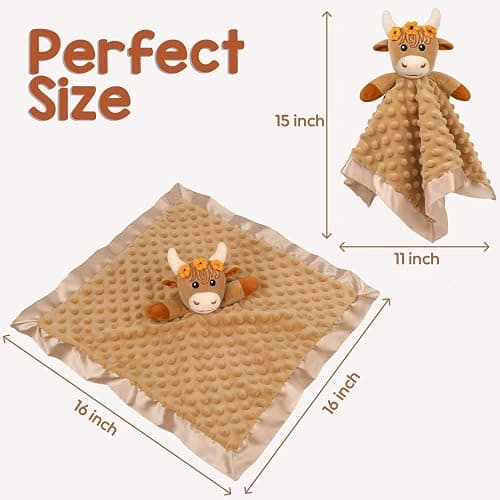 MOVEPAI Baby Security Blanket, Soft Baby Lovey Toy Blanket for Girls, Snuggle Toy Lovie Newborn Blankie, for Girl Highland Cow 16 Inch thumbnail 2