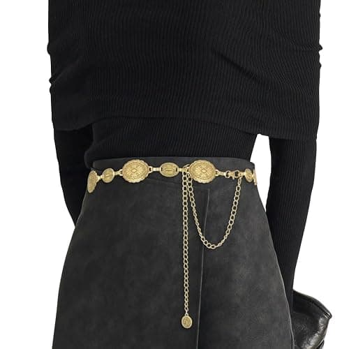 Alaoo Western Gold Metal Concho Chain Belt, Gold Chain Belt for Women, Western Cowgirl Waist Chain Adjustable Gold Metal Vintage Belt, Boho Golden Waist Chain Belts for Women Dresses Jean thumbnail 8