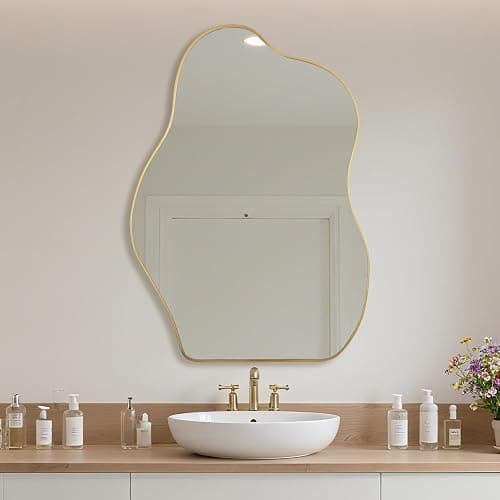 Irregular Asymmetrical Wall Mirror, 36x24 Inch Gold Bathroom Mirror | HD Tempered Glass, Decorative Wall Mirror Golden Wood Framed Mirror for Bathroom Living Room Entryway Bedroom Hallway thumbnail 3