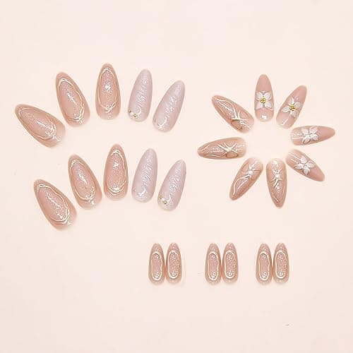 RUOKEXIN Almond Press on Nails Medium Length Fake Nails Fall False Nails with Designs Silver Glitter Full Cover Nail Press ons Sparkly Acrylic Artificial Nails for Women 24Pcs thumbnail 4
