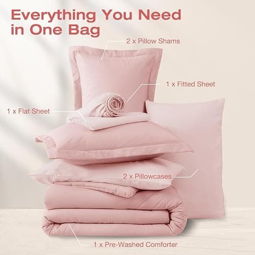 Sasttie Queen Comforter Set 7-Piece Pink, Pre-Washed Bed in a Bag | Soft & Breathable, All-Season Bedding Set with Comforter, Sheets, Pillowcases & Pillow Shams, OEKO-TEX, Down Alternative thumbnail 6