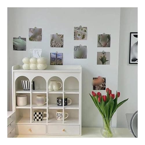 GHuBafy 3 Tier Grid Mug Rack, Wooden Cup Holder with 2 Drawers, Arch design Mug Holder, Multifunctional Perfume Organizer, Countertop Organizer for Living Room, Kitchen(Pink) thumbnail 8