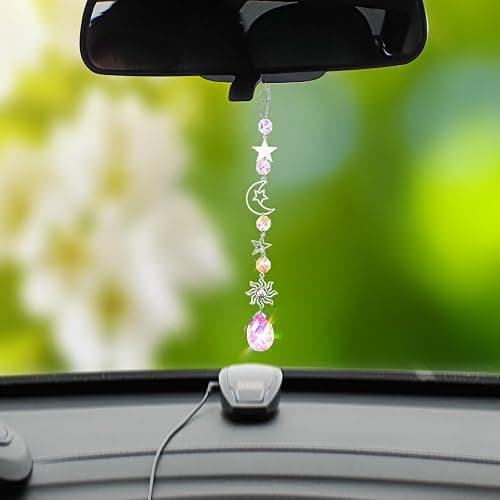 AOZUO Moon and Star Rear View Mirror Charm, Crystal Boho Car Hanging Decor Cute Suncatcher Healing Car Ornaments for Women Men thumbnail 4