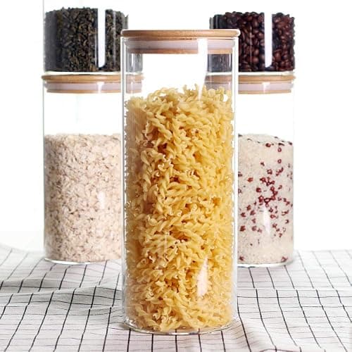 LEAVES AND TREES Y Stackable Kitchen Canisters Set, Pack of 5 Clear Glass Food Storage Jars Containers with Airtight Bamboo Lid for Candy, Cookie, Rice, Sugar, Flour, Pasta, Nuts thumbnail 6