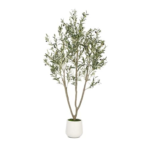 VIVATREES Olive Trees Artificial Indoor, 6FT Tall Faux Olive Tree with White Tall Planter, Artificial Plants with Natural Wood Trunk and Lifelike Fruits for Home Office Decor - Image 1