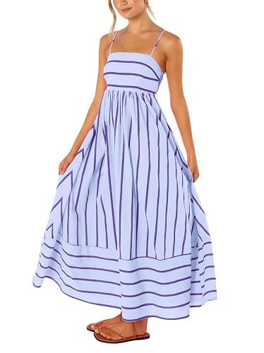 chouyatou Women's Striped Back Smocked Maxi Dress Sexy Spaghetti Strap Cut Out Flowy Swing Long Dress - Image 1