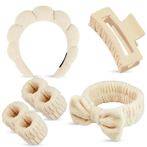 Yaqulen 7 Pcs Spa Set, Facial Headband and Wristband Set, Skincare Accessories, College Style Girl Idea Gifts, Hair Accessories for Women and Girls (Khaki) - Image 1