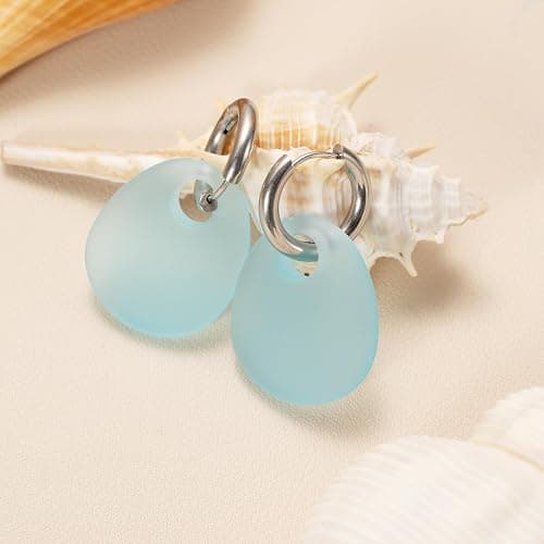 Teppdfann Sea Glass Earrings Blue Hoop Earrings Silver Geometric Beach Earrings for Women Beach Jewelry for Gift thumbnail 4
