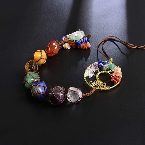 Tree of Life Chakra Stones Healing Crystals Feng Shui Hanging Ornament 7 Chakra Wall Ornaments Meditation Hanging Car Ornament Window Ornament for Home Decor Christmas Tree Decor thumbnail 2