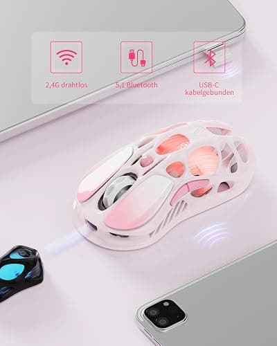 GravaStar Mercury M1 Pro Wireless Gaming Mouse, Lightweight Magnesium Alloy, 26,000 DPI, PAW3395DM Sensor, 5 Programmable Buttons, Support Wired/2.4GHz/BT, Up to 200 Hours Battery Life (Gradient Pink) thumbnail 4