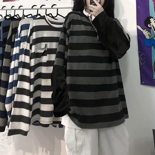 LAVASEON Harajuku Oversized Striped T-Shirt Long Sleeve Crew Neck Casual Matching Couple Streetwear Pullover thumbnail 4