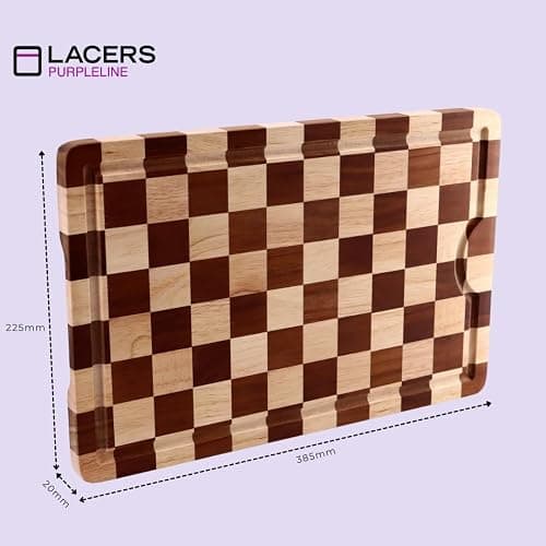 Lacers PurpleLine - Schneidebrett Holz mit Saftrille, Schachmuster Gummibaumholz, Antirutsch-Füße, Küchenbrett 255x385x20mm - Robust & Umweltfreundlich, Perfekt für Fleisch, Gemüse & Brot thumbnail 3