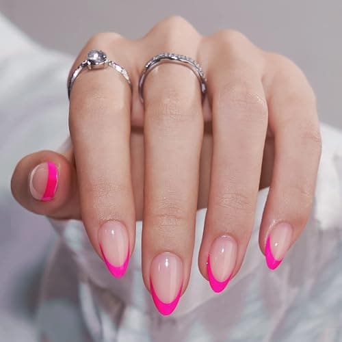 French Tip Press On Nails Almond - BTArtbox Hot Pink Short Stick On Nails for Women, Glue On Nails with Nail Glue in 16 Sizes - 32 Soft Gel Fake Nails Kit, Berry French thumbnail 2