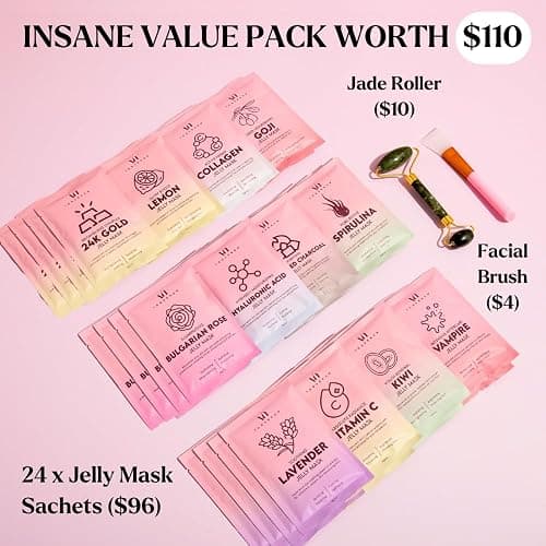 Jelly Mask for Facials - 24 Flavors Hydrating & Brightening Jelly Face Masks | Free Jade Roller & Spatula |Bulgarian Rose Lavender Hyaluronic Acid 24K Gold | Christmas Gifts for Women, Gifts for Women thumbnail 7