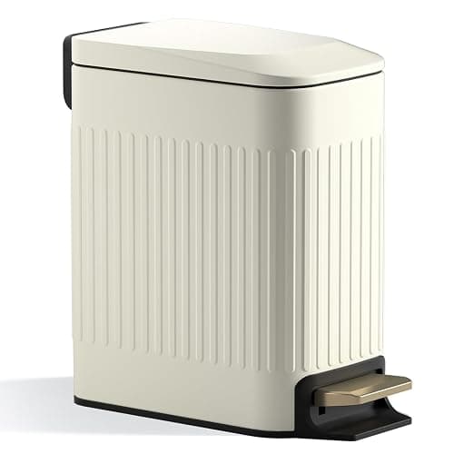 Small Bathroom Trash Can with Lid Soft Close-6L/1.6 Gal Slim Step Garbage Can-Metal Pedal Wastebasket-Narrow Rectangle Garbage Container Bin for Corner Office, Bedroom, Toilet, Live Room-Beige - Milky White - 1.3 Gallon - Image 1