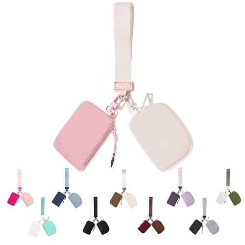Mini Zip Around Keychain Wristlet Wallet for Women-2 Detachable Dual Pouch Women Coin Pocket Upgrated (Cream+Pink) - Image 1