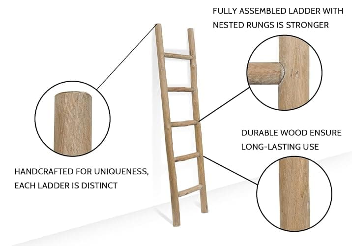 FUIN Fully Assembled 57in Wood Blanket Ladder Living Room Decorative Wall Leaning Farmhouse Quilt Display Holder Rustic Wooden Towel Rack for Bathroom, Brown thumbnail 5