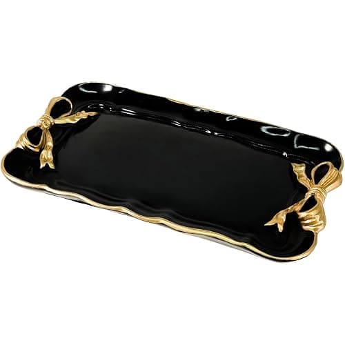 Warmtree Bow Jewelry Tray, Coquette Trinket Dish, Vanity Decor | Decorative Tray for Jewelry, Towel, Storage, Rings, Bracelets, Earrings, Cosmetics, Retro Design for Room Decor, Black - Image 1