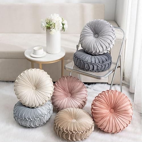 MOCOFO Round Velvet Throw Pillow, Pumpkin Shape Decorative Floor Cushion, Handcrafted Pleated Design, 14 and 16 Inch Diameter, Multiple Colors, Polyester Fill (Dark-Gray, 14") thumbnail 4