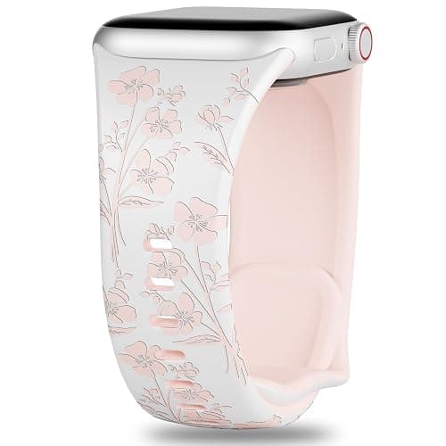 Floral Engraved Silicone Bands Compatible with Apple Watch Band 38mm 40mm 41mm 42mm 44mm 45mm 49mm for Women, Two-Tone Flower Sport Soft Strap for iWatch Series 9/Ultra/8/7/SE/6/5/4/3/2/1 - Image 1