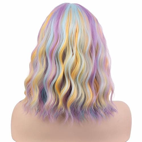 PATTNIUM 14 Inches Rainbow Wig Short Wavy Wig Pastel Rainbow Wig with Bangs Multi Color Wig for Women Girls Heat Resistant Synthetic Cosplay Costume Wig (Rainbow) - Multi-color thumbnail 3