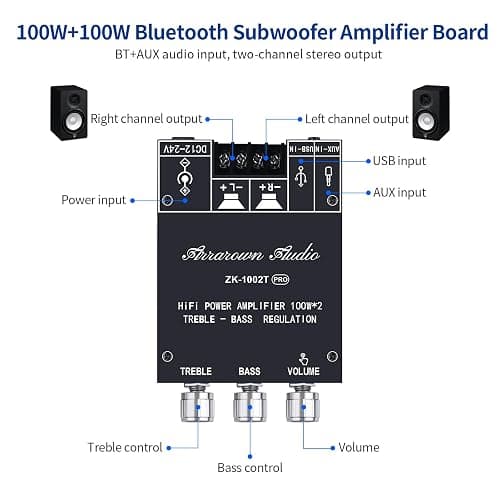 ARRAROWN ZK-1002T PRO 2.0 Channel Bluetooth 5.0 Amplifier Board 200W HiFi Subwoofer Audio AMP with Treble and Bass Control BT and AUX Inputs, DC 12-24V 2.0 Channel Stereo AMP Module for DIY Speakers thumbnail 5