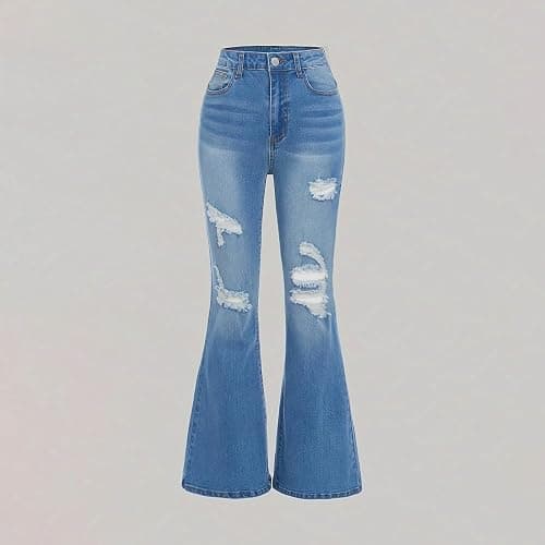 Girls Ripped Flare Jeans Wide Leg Bell Bottoms Elastic High Waist Denim Pants with Pocket Teen Retro Cool Streetwear thumbnail 2