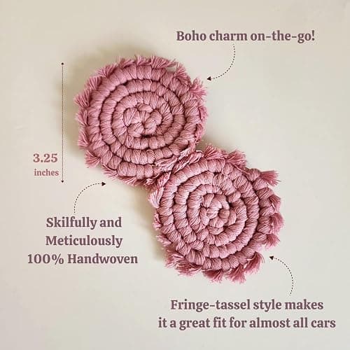 Cotton Car Coasters for Cup Holders, 2PC Car Cup Coasters, Drink Coaster Holder, Cute cupholder Coaster Accessories for Women, Macrame, Boho(Champagne Pink) thumbnail 6