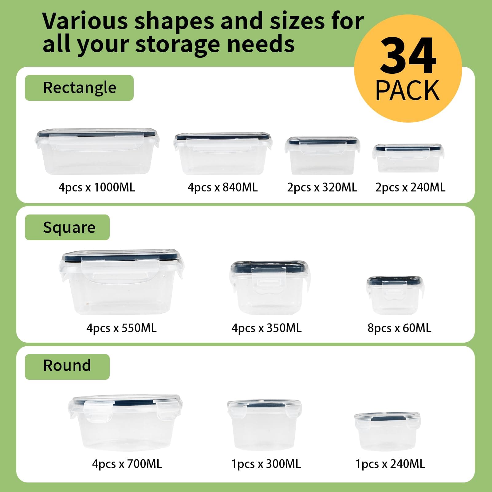 34 Pack Airtight Food Storage Containers Set, BPA free Meal Prep Containers & Lunch Boxes, Freezer Containers, Fridge & Kitchen Organizer with Snap Lock Leak-proof Lids thumbnail 2