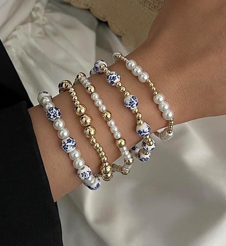 Gold Beaded Bracelets for Women, 14K Real Gold Plated Jewelry for Women Dainty Pearl Bead Bracelets Stack, Non Tarnish Trendy Stackable Ball Cross Stretch Bracelet Set Fashion Accessories Gifts thumbnail 7