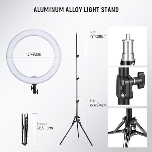 NEEWER 55W 18"/45cm Ring Light Kit [New Version], 5600K Dimmable LED Ringlight Tripod Stand Phone Holder for iPhone Selfie Makeup Lash Tattoo Studio Photo Video Recording Photography Lighting, RL-18 thumbnail 10