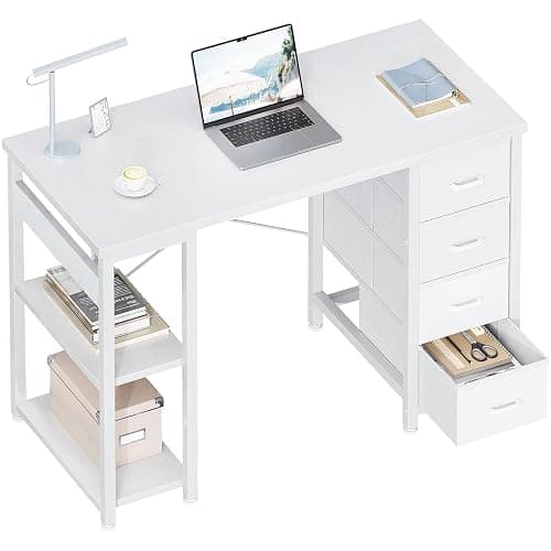 ODK 40 Inch Small White Computer Desk with 4 Fabric Drawers, Modern Office Desk for Home Office Gaming with Storage Shelves Study, White - Image 1