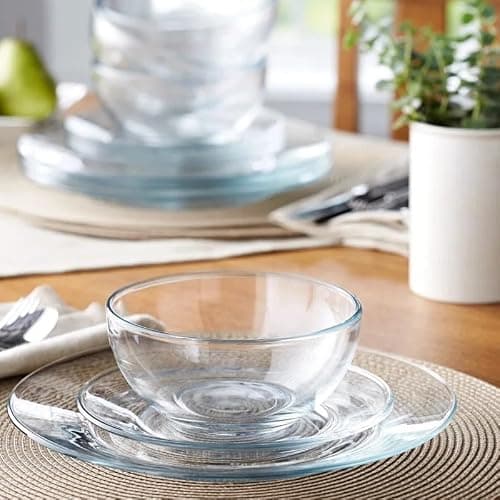 12pc Glass Dinnerware Set - Sleek Round Clear Glass Plate and Bowl Sets - Dishwasher Safe, Bread & Butter Dinner, Dessert, Salad Plates & Serving Cereal Soup Bowls Dishes for Kitchen Dining & Parties thumbnail 2