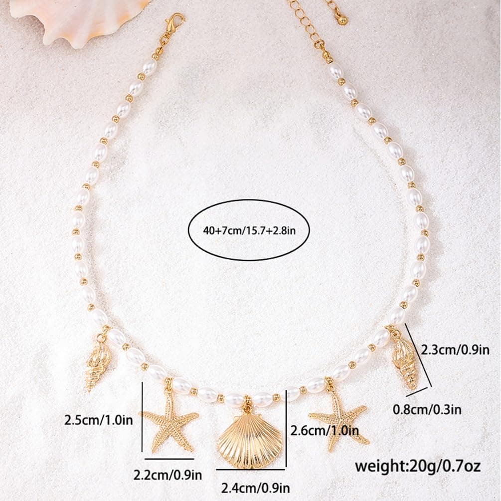 Dainty Gold Starfish Conch Oval Pearl Seashell Necklace for Women, Boho Statement Beaded Chain, Beach Holiday Party Jewellery thumbnail 2