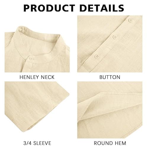 Ryannology Mens Linen Shirts Casual Cotton 3/4 Sleeve Regular-Fit Henley T-Shirt Summer Lightweight Beach Yoga Tops thumbnail 2