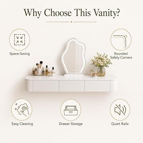 Floating Vanity Desk with Drawers Wall Mounted Makeup Table Space Saving | Fully Assembled with Spacious Storage Drawers, Smooth Glide Operation and Easy Clean Surface(Ivory,23.6") thumbnail 8