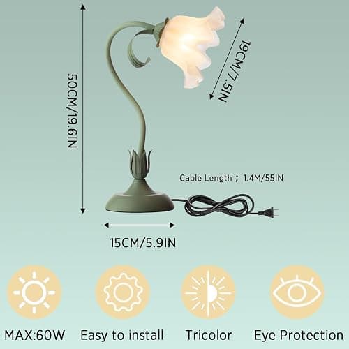 kaixunl Grüne Nachttischlampe,Acryl Blumen Tischlampe,Metall Schreibtischlampe Mädchen, Lampenschirm aus Acryl Frei drehbare Bedside Lamp mit dreifarbiger Beleuchtung für Schlafzimmer Wohnzimmer,50 cm thumbnail 2