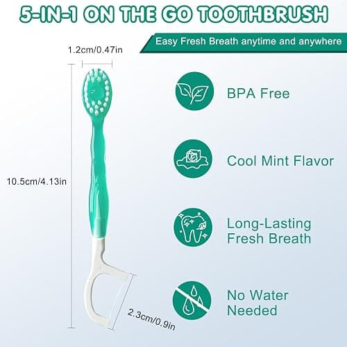 COCOBURI 5 in 1 Disposable mini Toothbrushes on The go Toothbrush Portable Travel Toothbrush（Toothpaste + Tongue Scraper + Floss + Picks Individually Wrapped Prepasted Oral Care Mint 24 Packs thumbnail 3