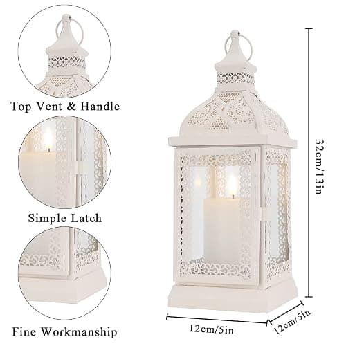 TRIROCKS Rustic Style Metal Candle Lantern 13'' High Decorative Outdoor Lantern Candle Holder with Tempered Glass for Home Living Room Garden Patio Parties Indoors Outdoors (Cream) thumbnail 2