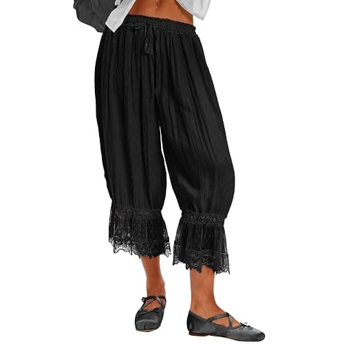 TURVAND Ruffle Long Bloomers for Women Cropped Flared Capri Pants Lace Trim Pettipants Pantaloons Wide Leg Pajama Bottoms Y2K - Image 1