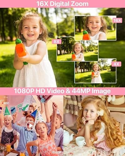Digital Camera 1080P, 44MP FHD Compact Digital Camera, 16X Digital Zoom Portable Photo Camera with 2.4" LCD Screen, 1 Battery, Vlogging Camera for Kids, Beginners, Teens, Students-Pink (No SD Card) thumbnail 2