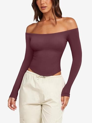 LASLULU Womens Sexy Off The Shoulder Long Sleeve Workout Tops Strapless T Shirts Crop Top Casual Fall Outfits thumbnail 2