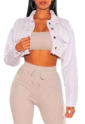 Women's Crop Top Jean Jacket Button Down Long Sleeve Cropped Denim Jacket Coat - Image 1