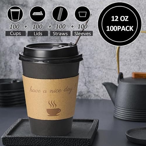 BYSNOW 100 pack 12 oz Thickened Coffee Cups with Lids, Scald Resistant Hot Cups with Sleeve and Straw, To Go Coffee Cups for Home, Office, Cafes and Party (Black 12oz) thumbnail 5